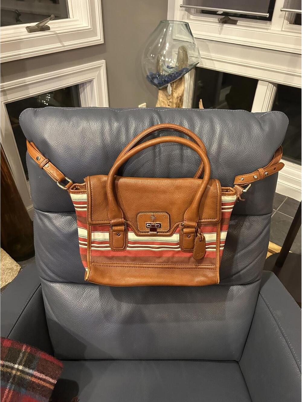 Cole Haan Brooke Flap Brown Leather Canvas Valise Hand Bag